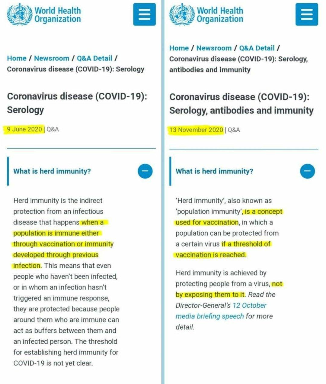 Comparison of two definitions of natural immunity, before and after COVID, showing the World Health Organization rewriting history 