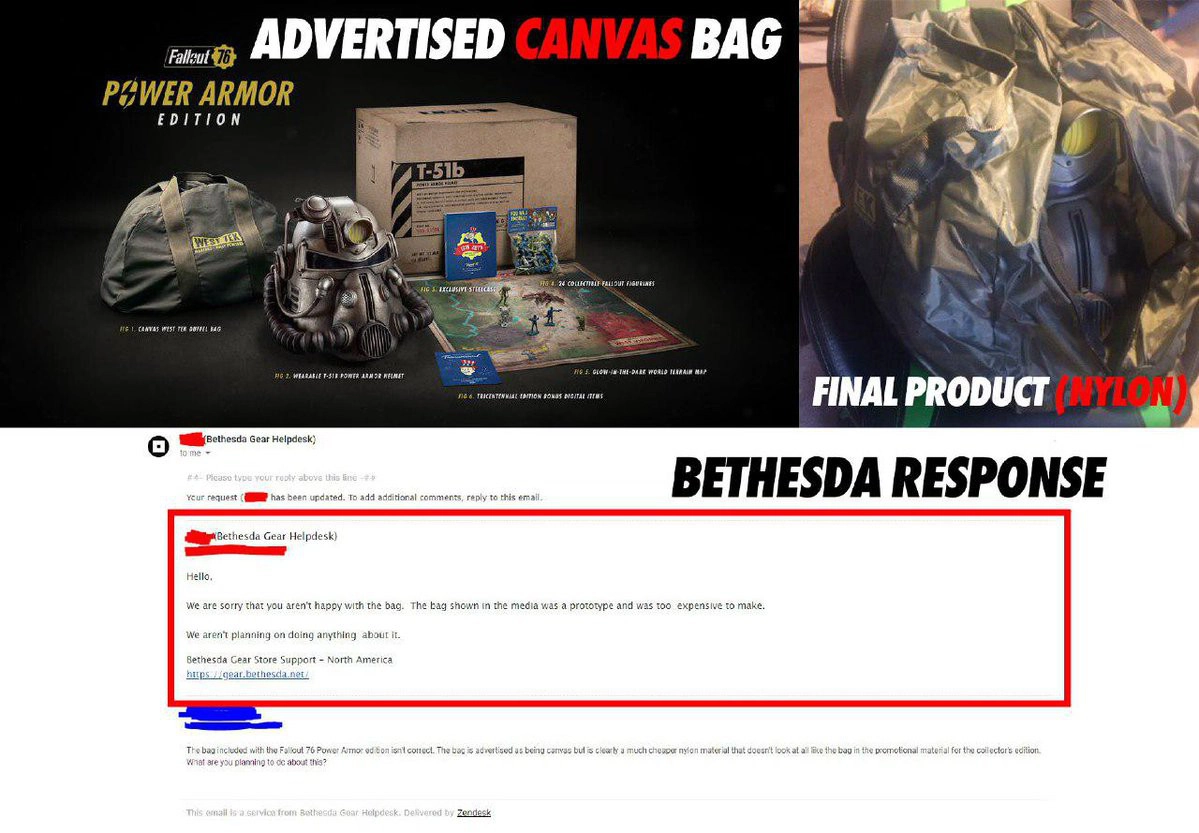 Fallout 76 bag falsely advertised as canvas