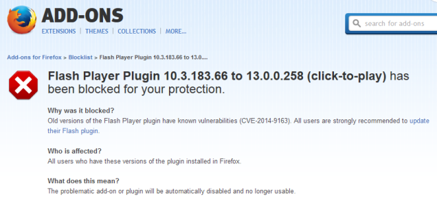 Showing Firefox blocking the installation of plugins