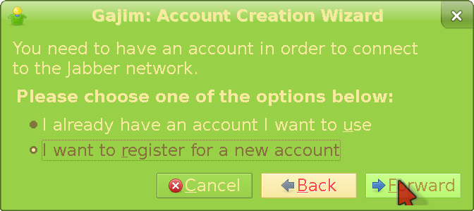 Choosing to register a new account in Gajim