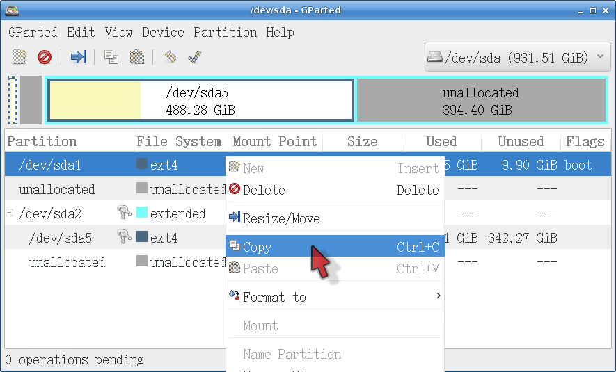 Copying a partition in GParted