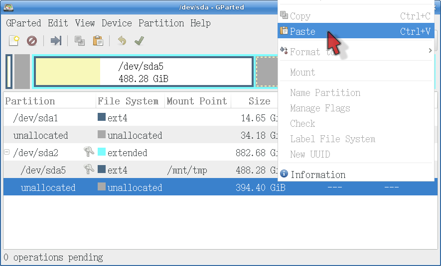 Pasting a partition in GParted
