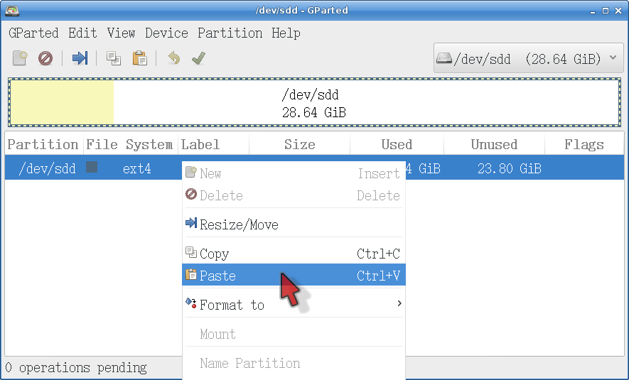 Pasting a partition in GParted