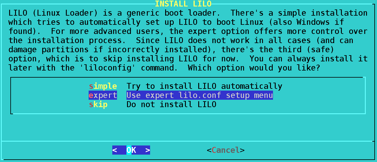 Showing a terminal emulator with liloconfig running