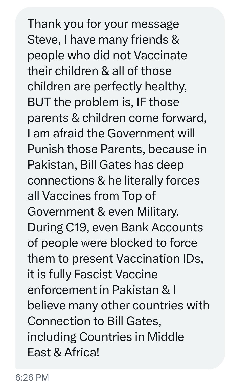 Instant message saying that people are being hunted down for refusing the vaccine in Pakistan