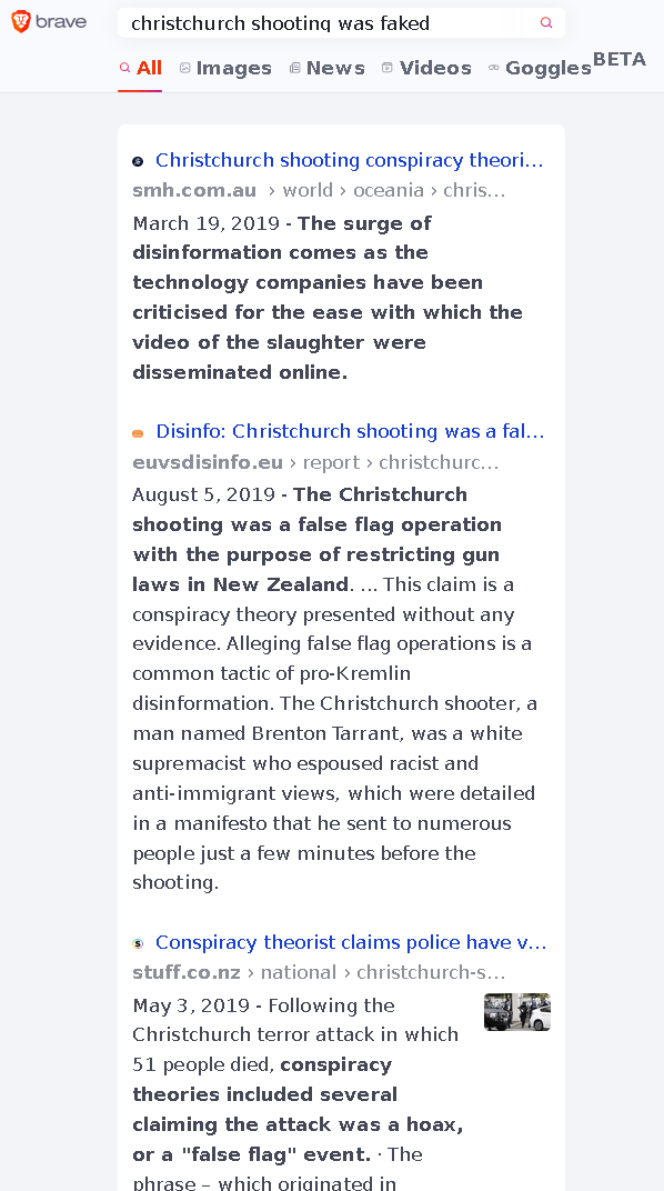 The first three results for the query 'Christchurch shooting was faked' in Brave search engine