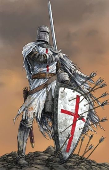 A crusader using his shield to block arrows