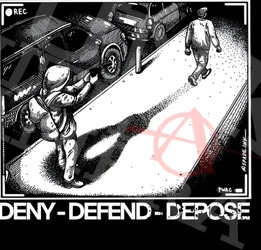 Black and white drawing of the shooter with his gun out, aiming at the victim, with 'Deny, Defend, Depose' written below