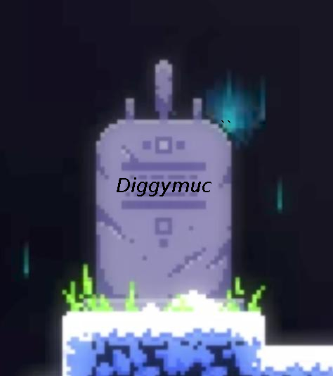 Image of a grave, from the video game Celeste, with 'diggymuc' written on it