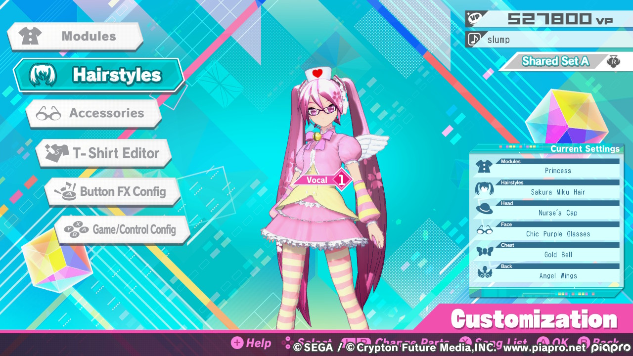 Dress-up menu with Miku dressed in pink, glasses and angel wings