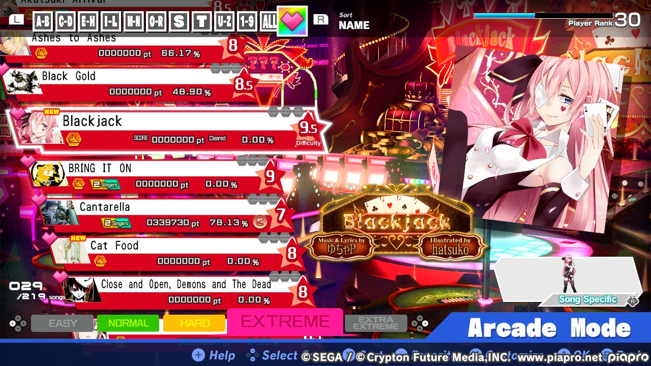 Song choice menu, with Blackjack hovered