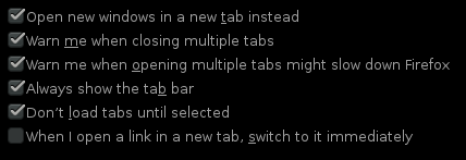 Options related to tabs in Firefox 17