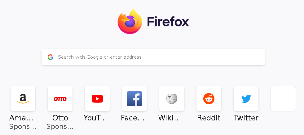 Showing the New Tab page of Firefox
