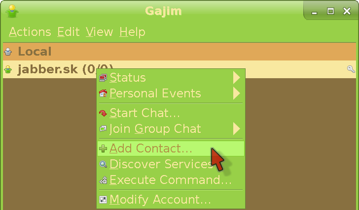 Entering the add contact menu in Gajim