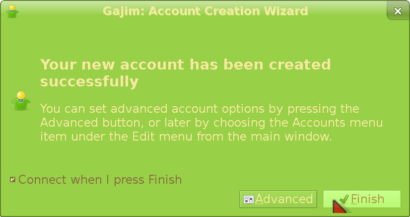 Finished registering an account in Gajim