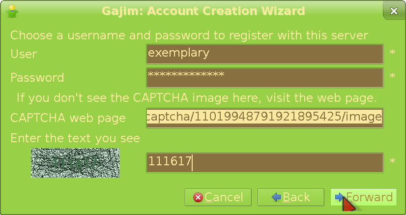 Gajim data input and captcha screen
