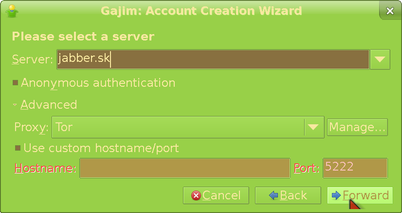 Picking a server in Gajim registration screen