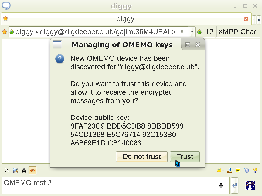 Showing Psi's OMEMO fingerprint verification screen
