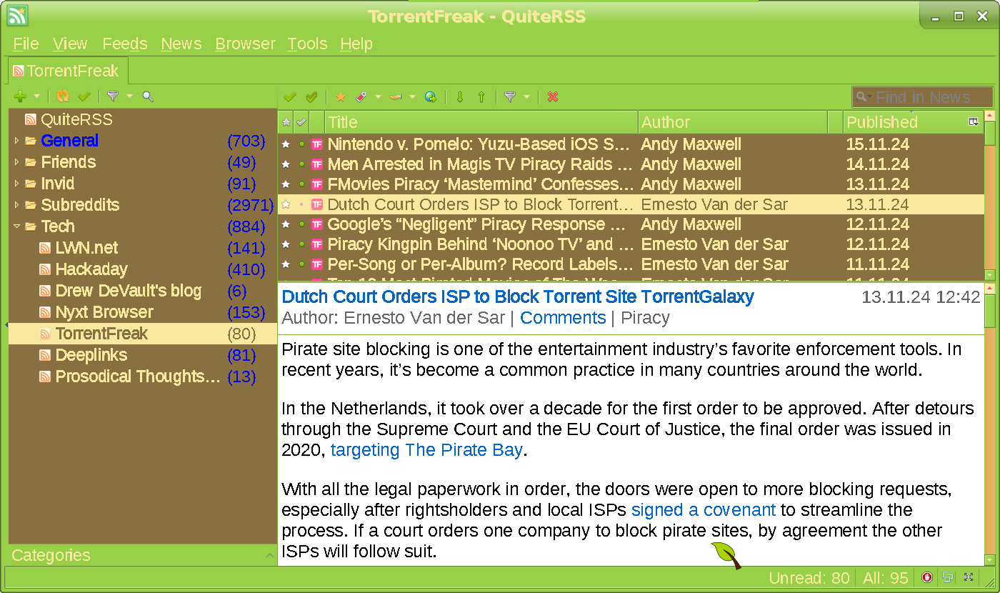 A screenshot of QuiteRSS showing a news piece from TorrentFreak being read